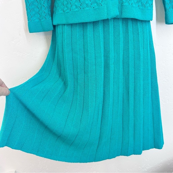 Kimberly Vtg 60s Knit Sweater Skirt Set Pointelle Knit Persian Green Size 8 - Picture 4 of 10